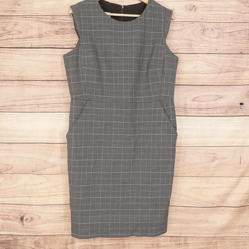 Anne Klein Dress Womens 10 Gray Plaid Sleeveless Sheath Knee Length Lined